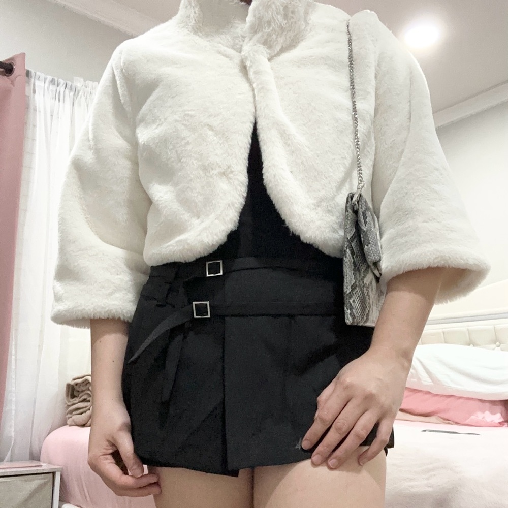 White Faux Fur Cropped Jacket with Black Mini Skirt